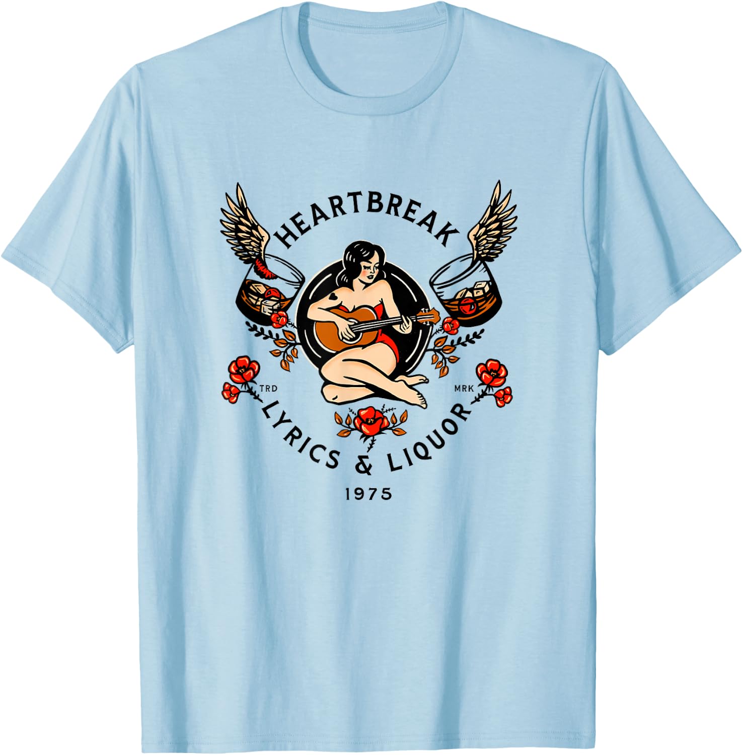 Heartbreak Lyrics & Liquor. Vintage Pinup Girl Guitar Art Small T-Shirt - T-Shirt | Light Blue