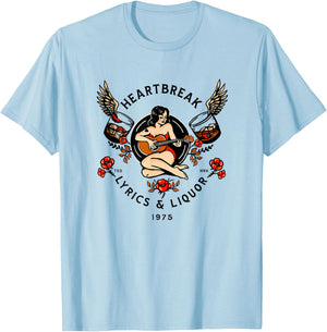 Heartbreak Lyrics & Liquor. Vintage Pinup Girl Guitar Art Small T-Shirt - T-Shirt | Light Blue