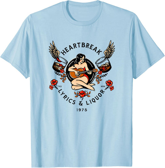 Heartbreak Lyrics & Liquor. Vintage Pinup Girl Guitar Art Small T-Shirt - T-Shirt | Light Blue