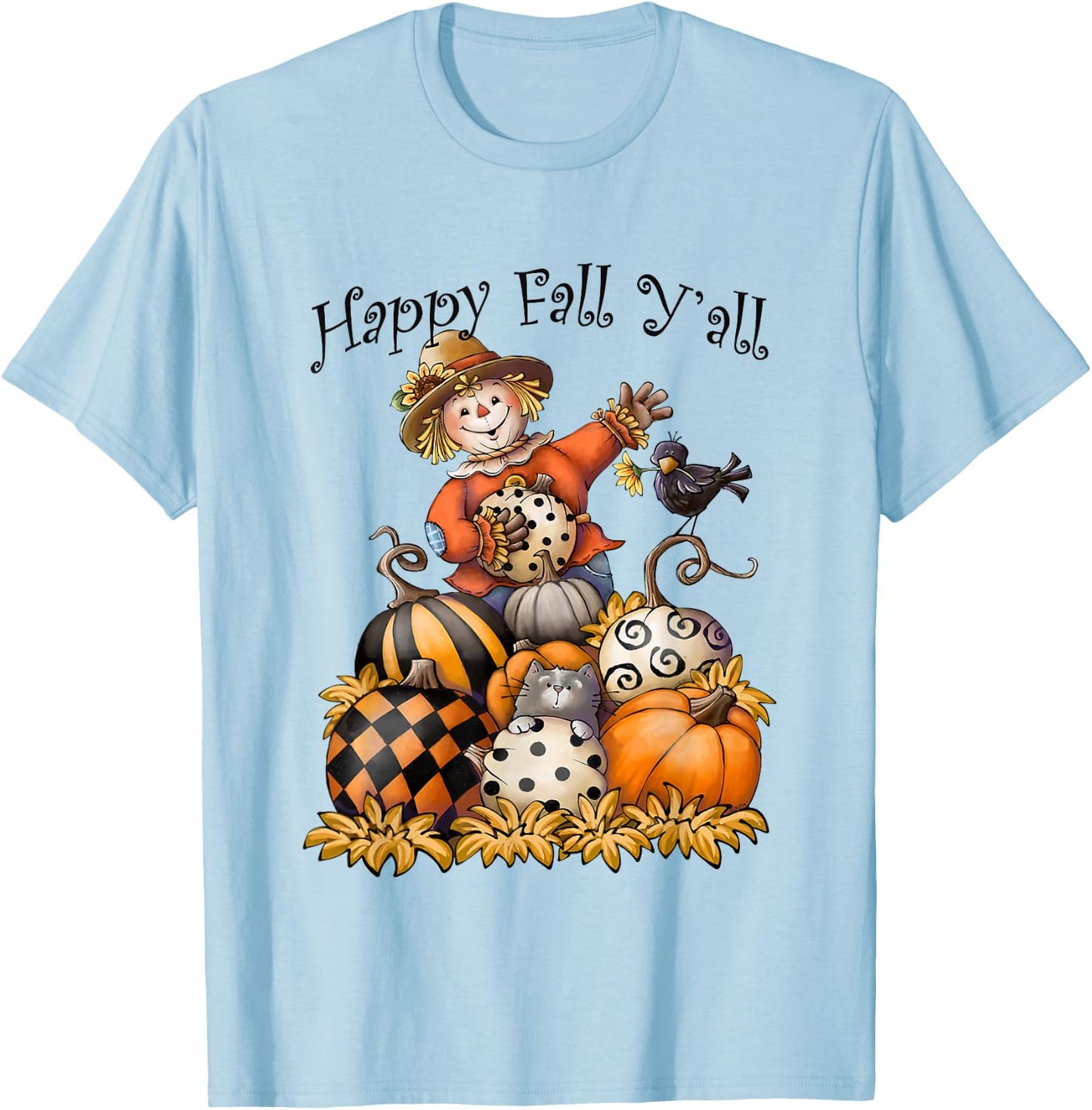 Scarecrow Happy Fall Y'all Pumpkin Thanksgiving Halloween T-Shirt - T-Shirt | Light Blue