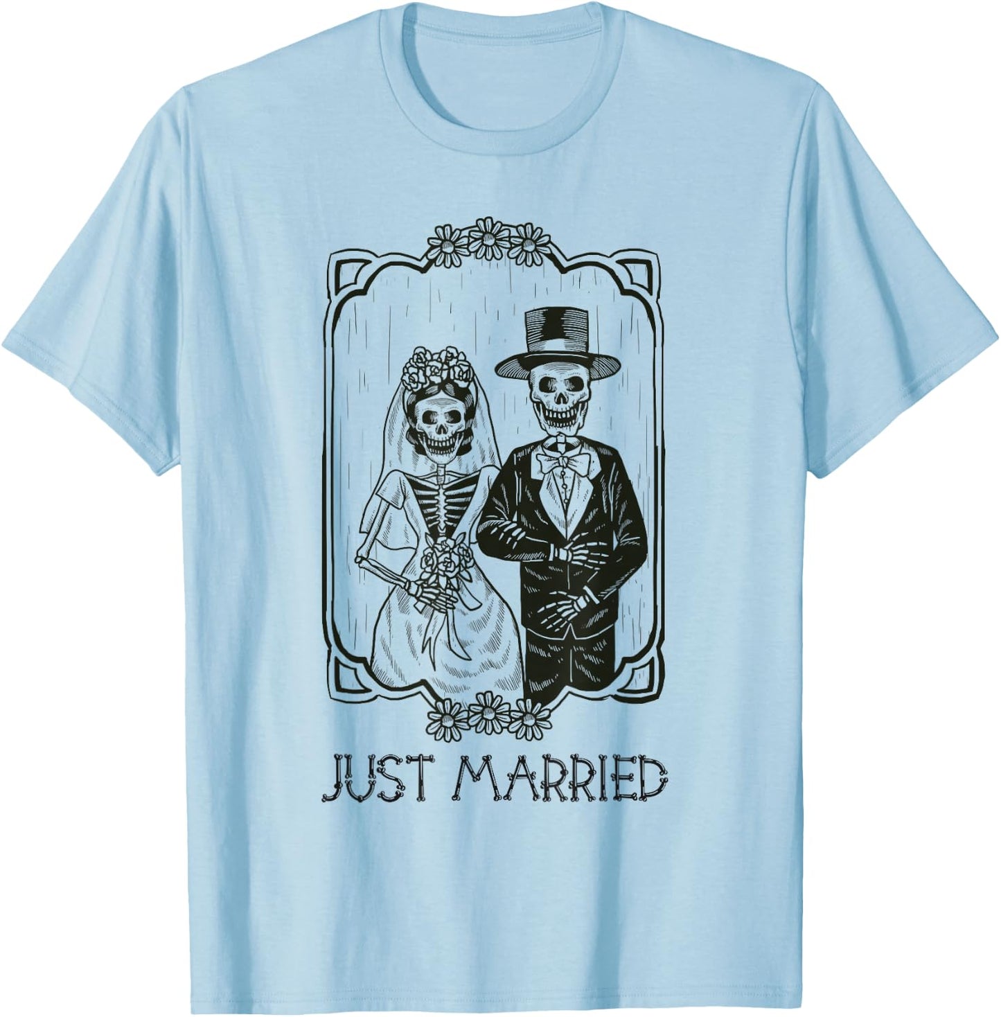 Halloween Skeletons Bride and Groom Just Married Funny T-Shirt - T-Shirt | Light Blue