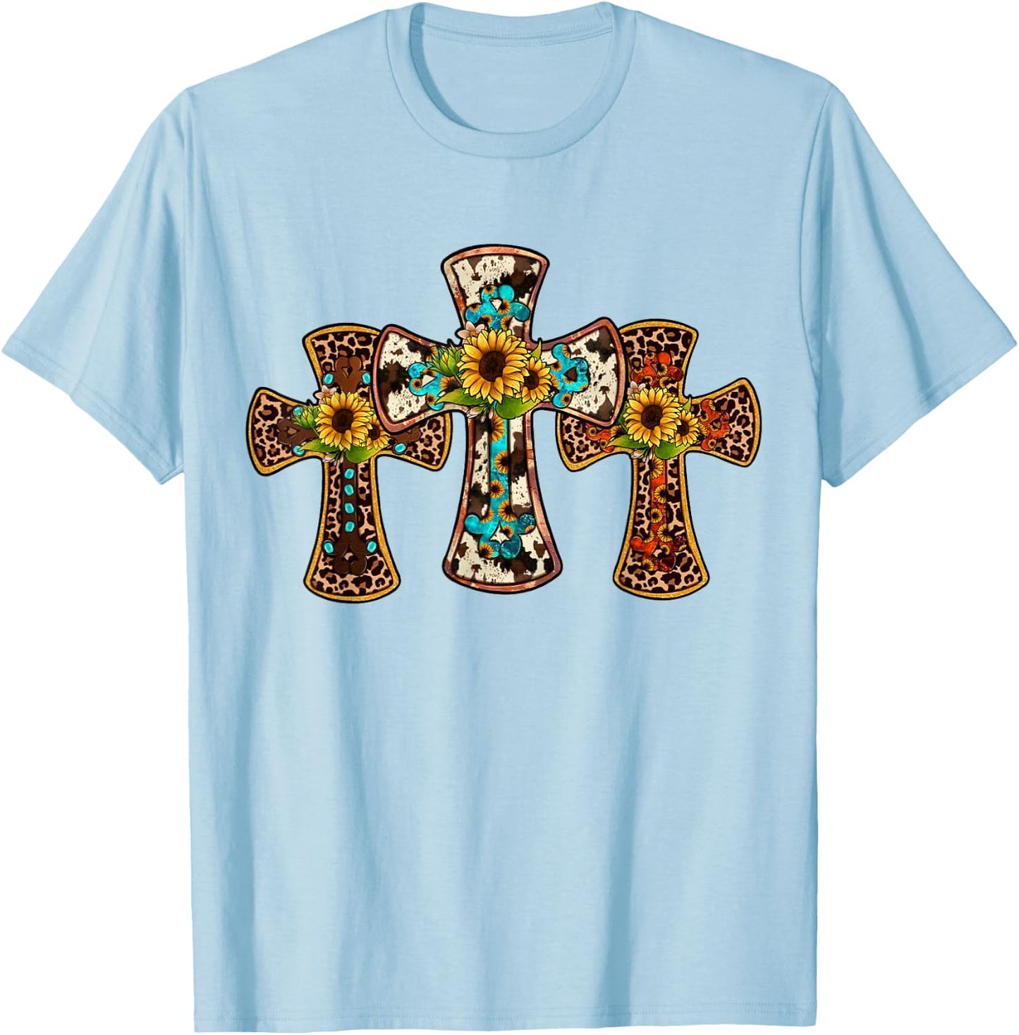Western Cross Christian God Jesus Sunflower Cowhide T-Shirt - T-Shirt | Light Blue