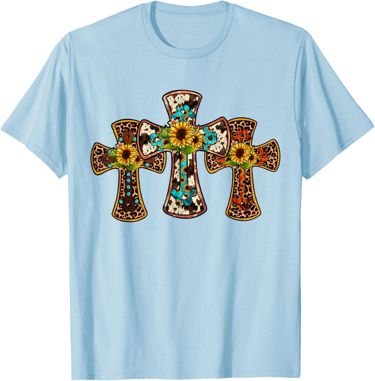 Western Cross Christian God Jesus Sunflower Cowhide T-Shirt - T-Shirt | Light Blue