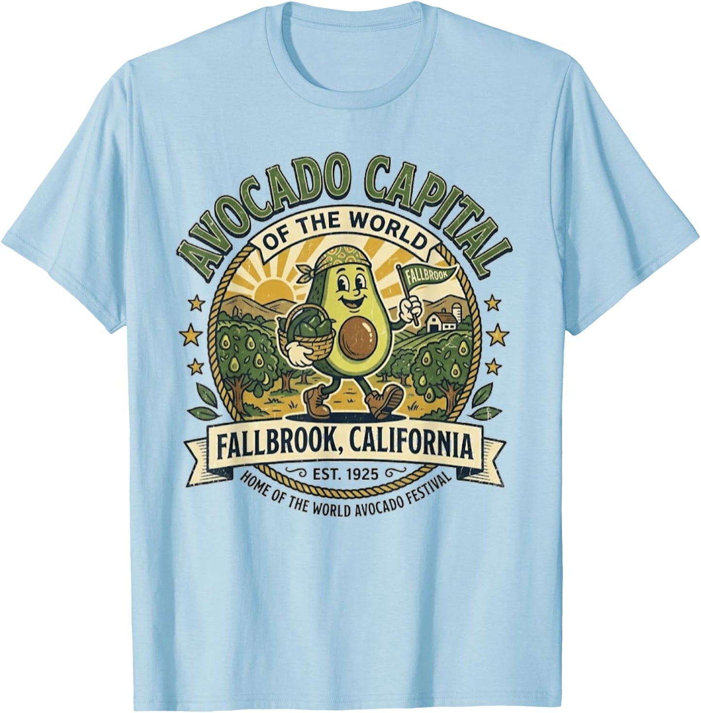 Fallbrook California - Avocado Capital - Vintage Mascot Logo T-Shirt - T-Shirt | Light Blue