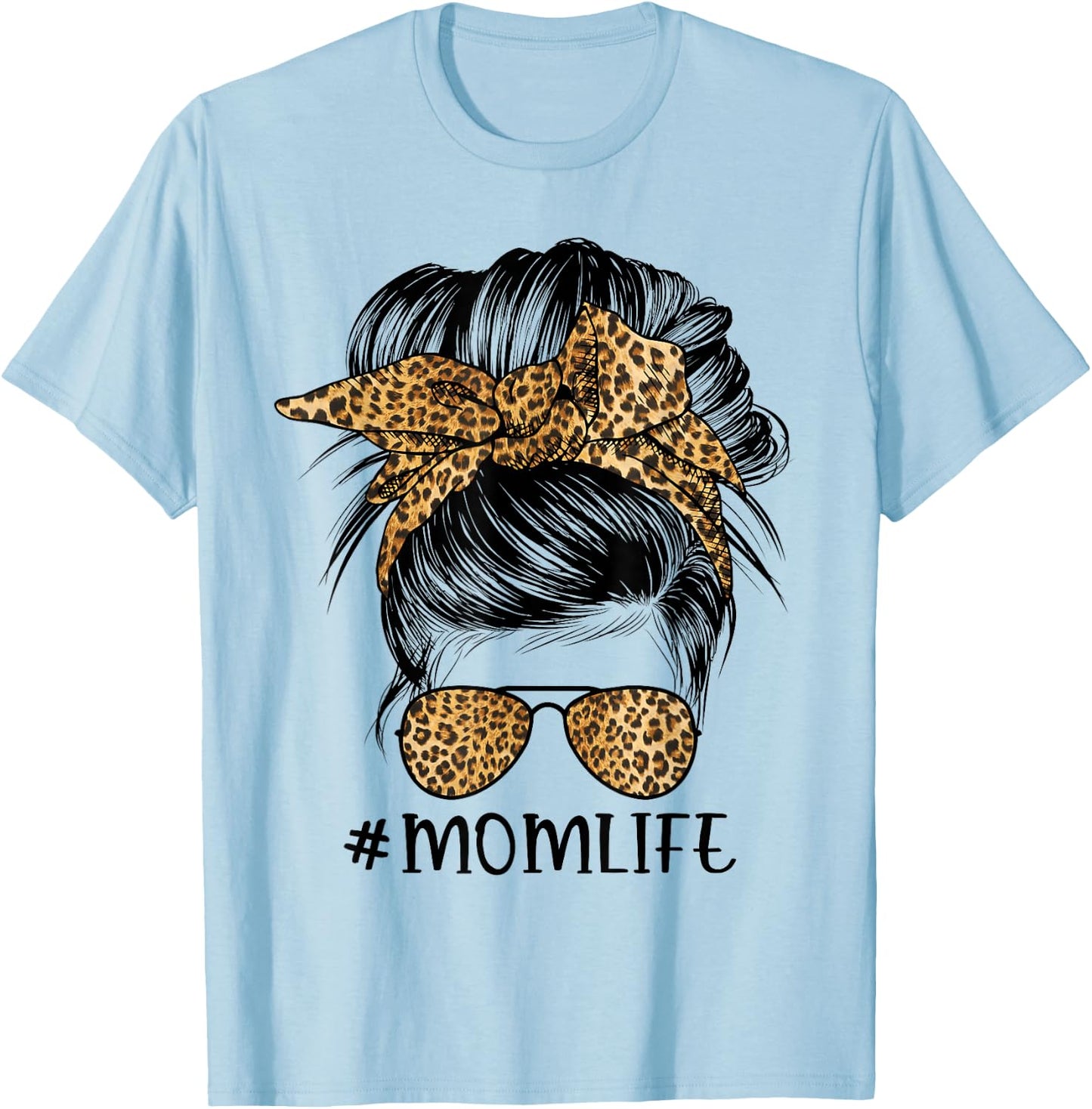 Mom Life Messy Bun Hair Bandana Leopard Print T-Shirt - T-Shirt | Light Blue