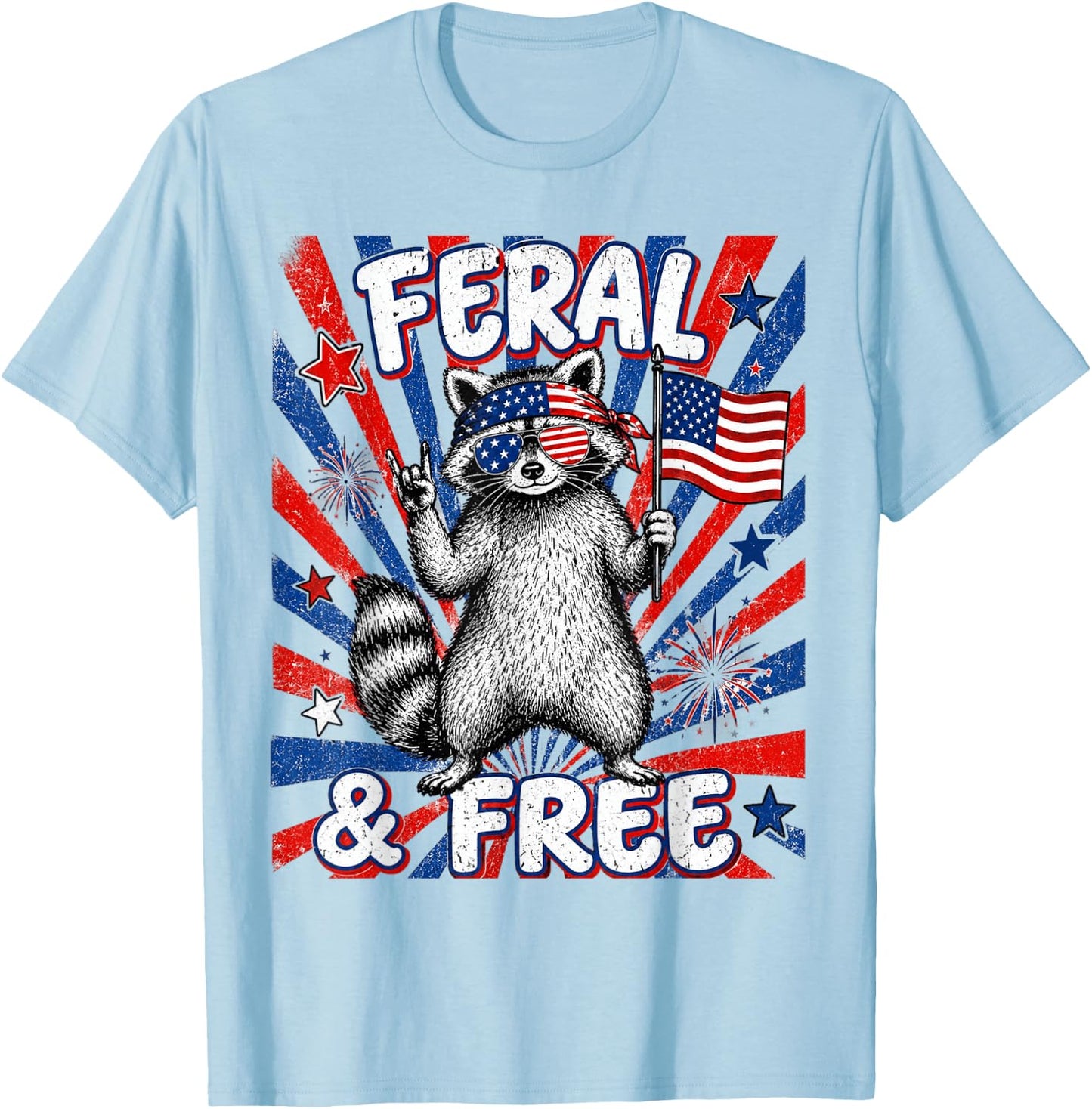 Funny Raccoon USA Flag Fourth July Patriotic Feral and Free T-Shirt - T-Shirt | Light Blue