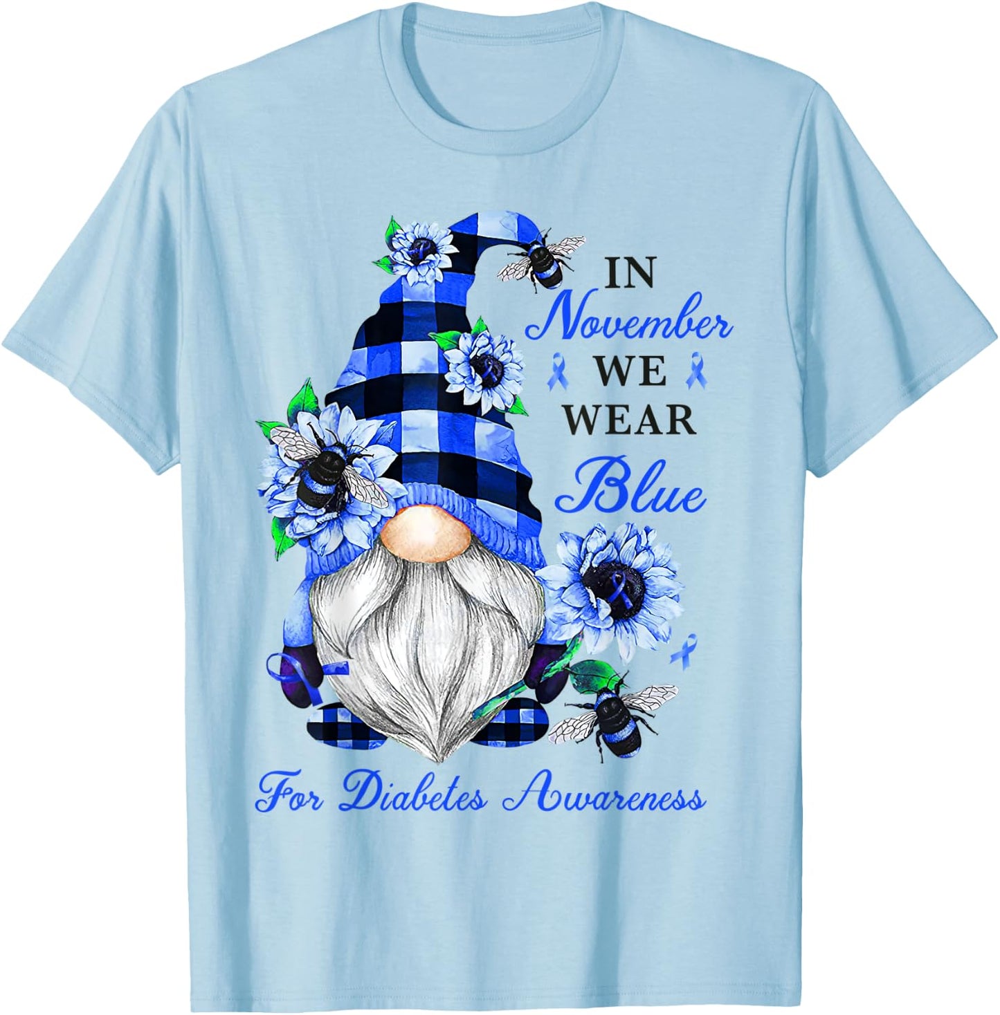 Gnome Diabetic November Diabetes Month Ribbon Blue Awareness T-Shirt - T-Shirt | Light Blue