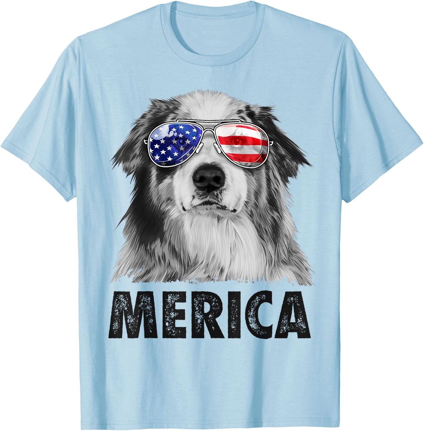 Aussie Australian Shepherd 4th of July Merica American Flag T-Shirt - T-Shirt | Light Blue