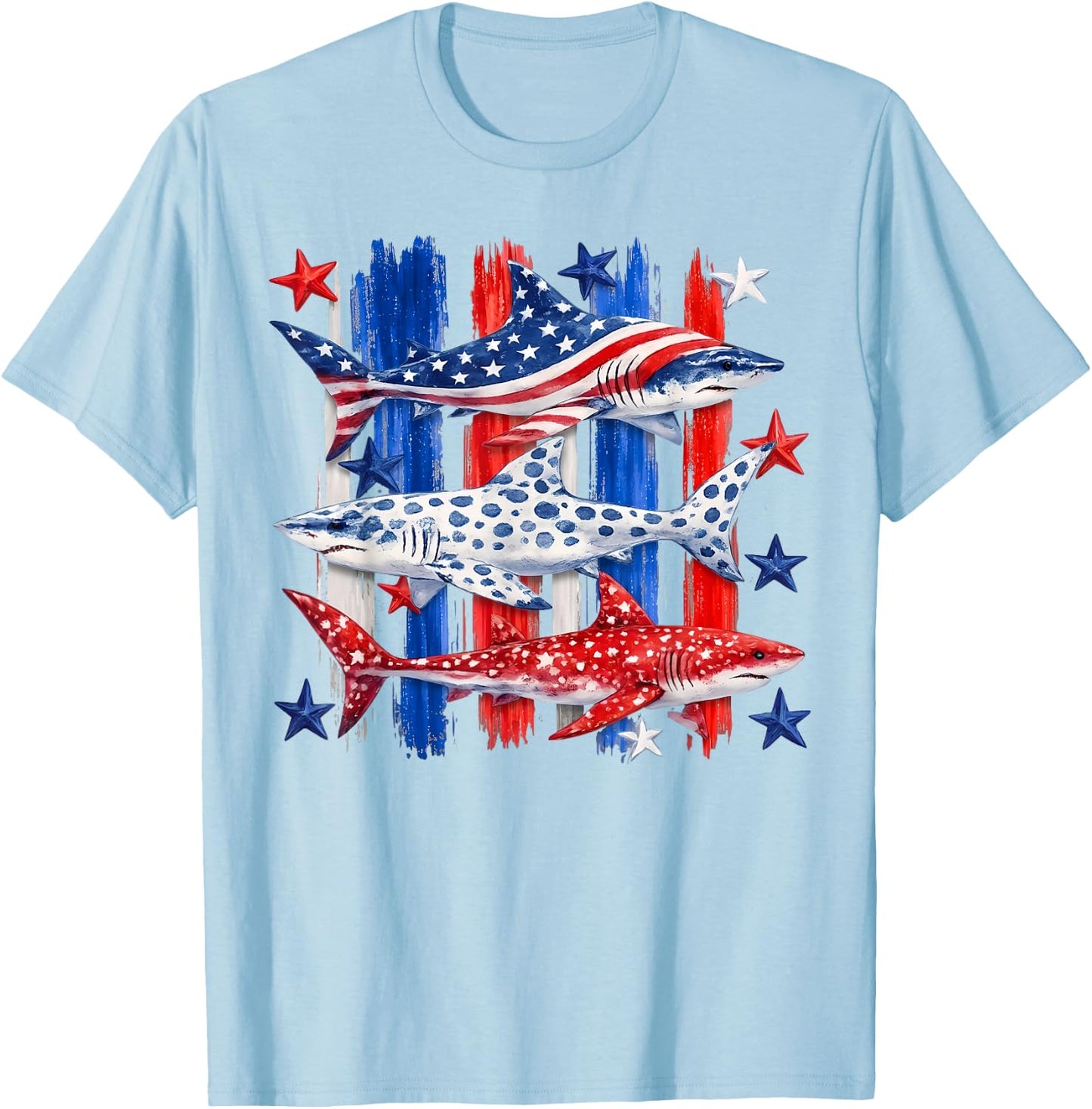 Patriotic USA American Flag Shark Stars and Stripes Men Boys T-Shirt - T-Shirt | Light Blue