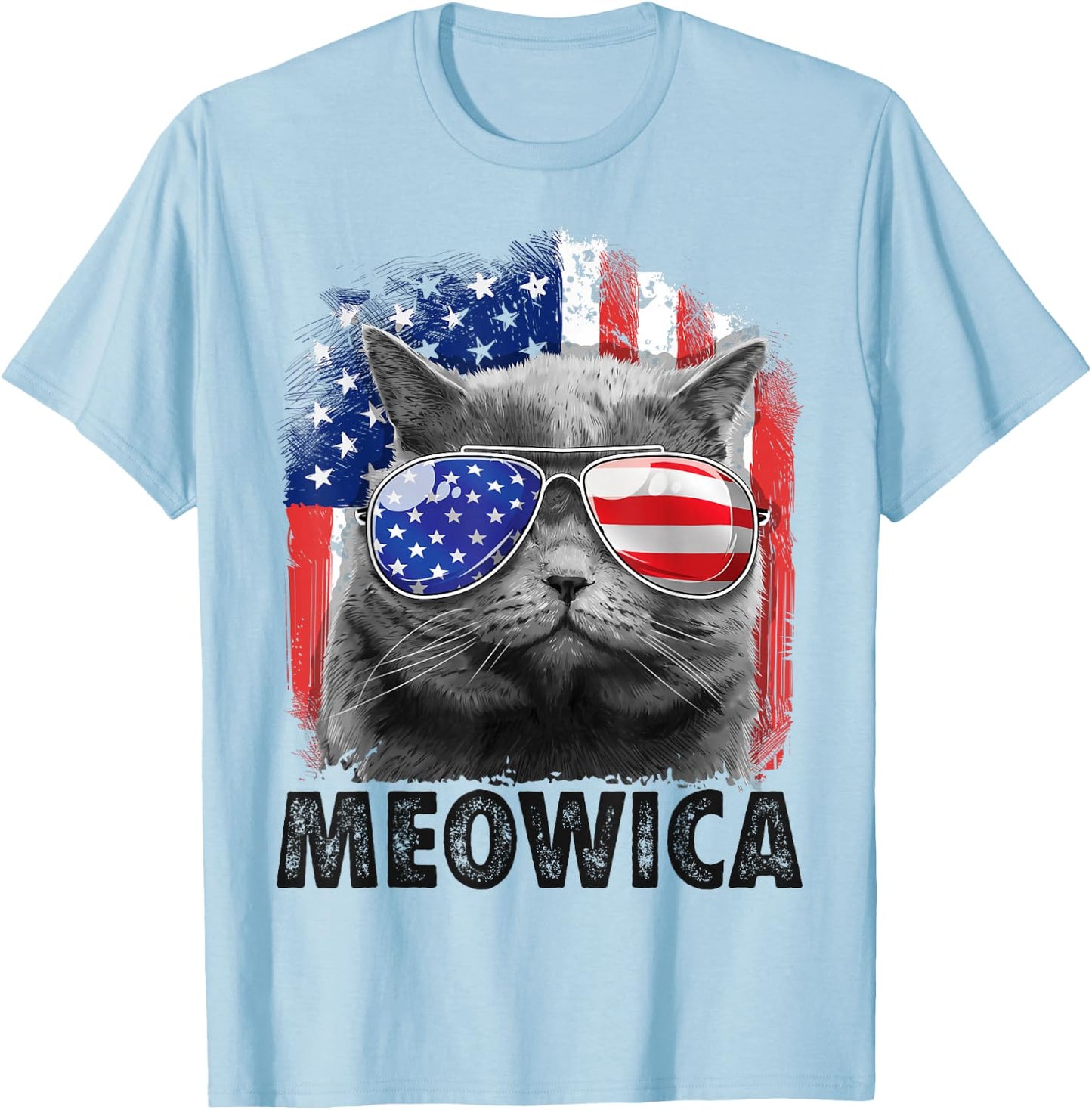 Cat 4th of July Shirts Meowica Merica Men USA American Flag T-Shirt - T-Shirt | Light Blue