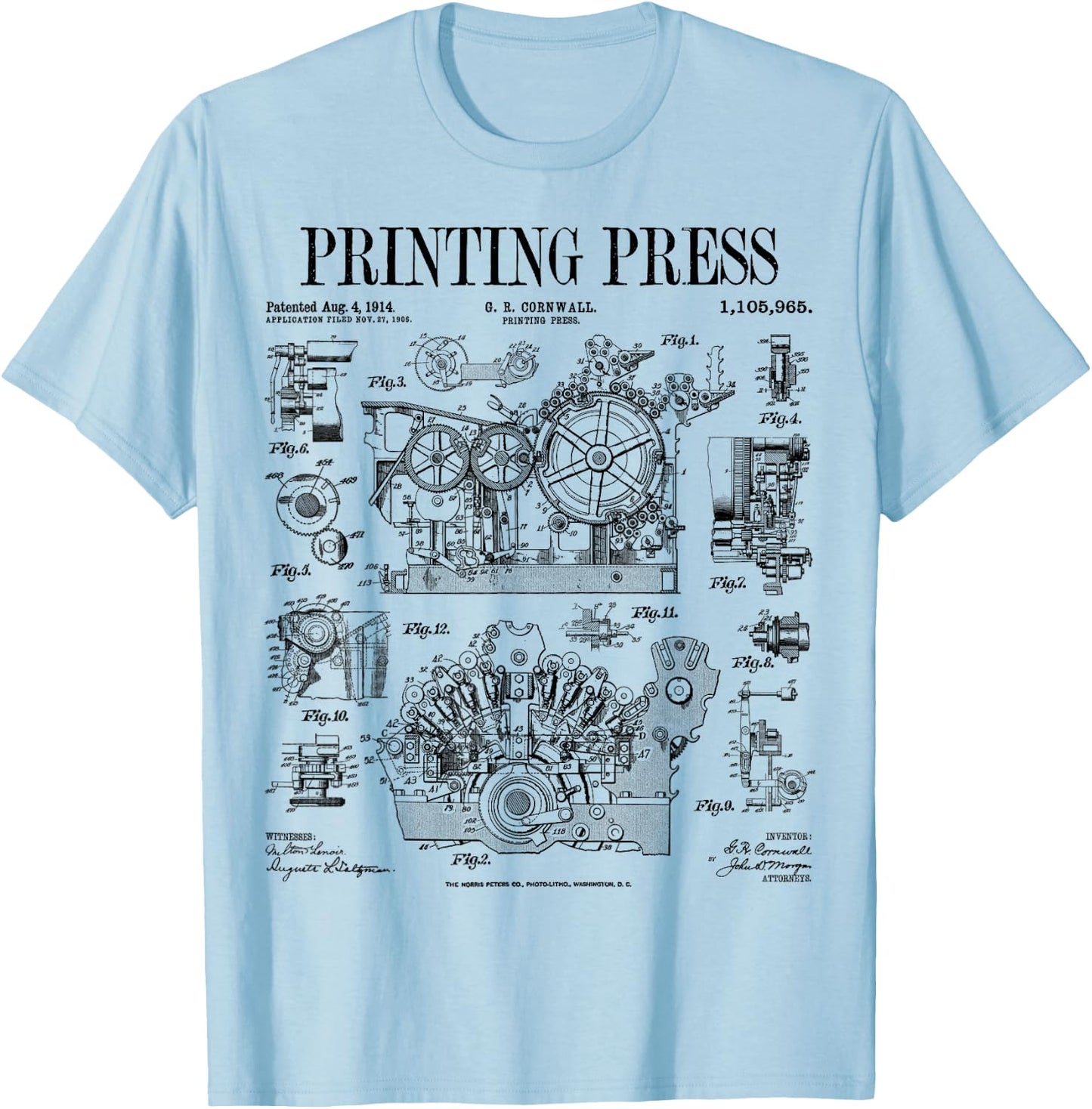 Book Printing Press Newspaper Printer Vintage Patent Print T-Shirt - T-Shirt | Light Blue
