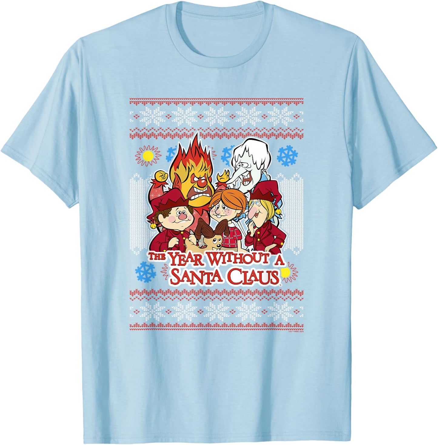 The Year Without A Santa Claus Group Shot Sweater Pattern T-Shirt - T-Shirt | Light Blue