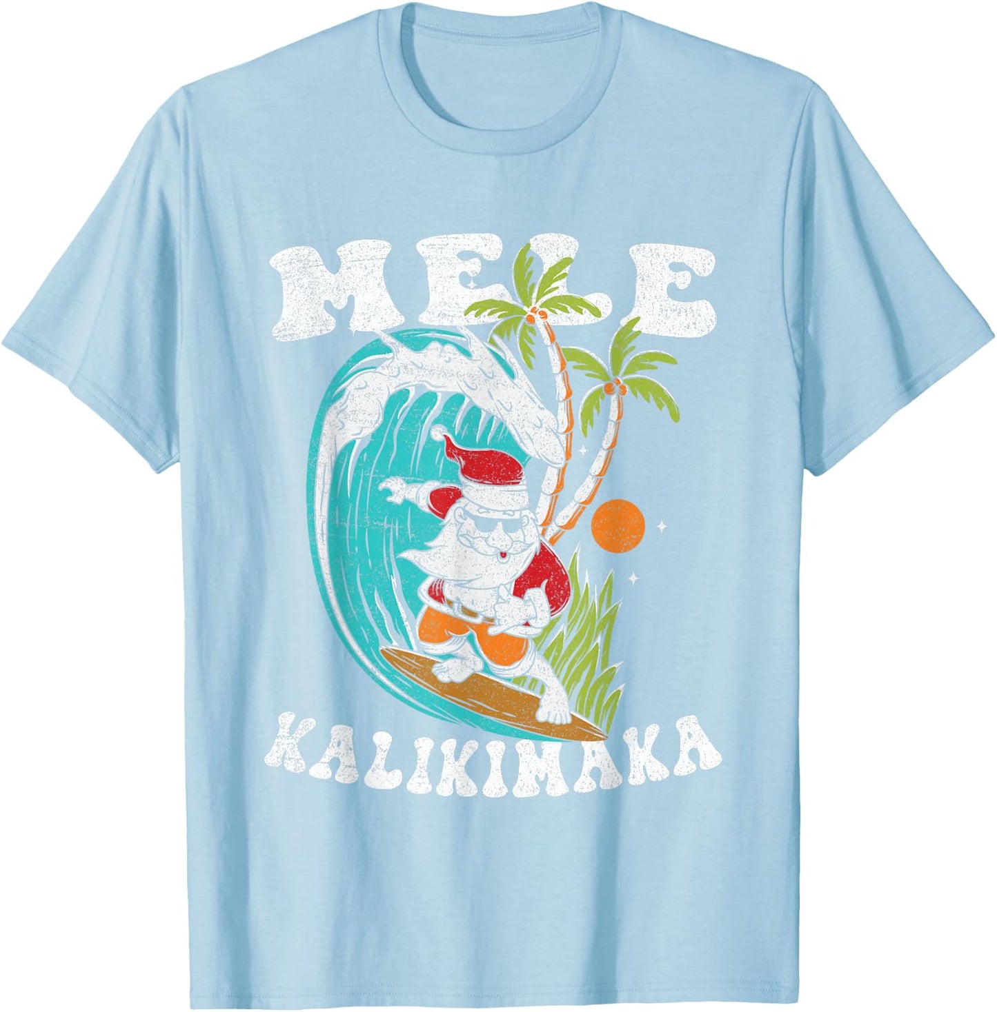 Mele Kalikimaka Hawaii Christmas Surfing Santa T-Shirt - T-Shirt | Light Blue