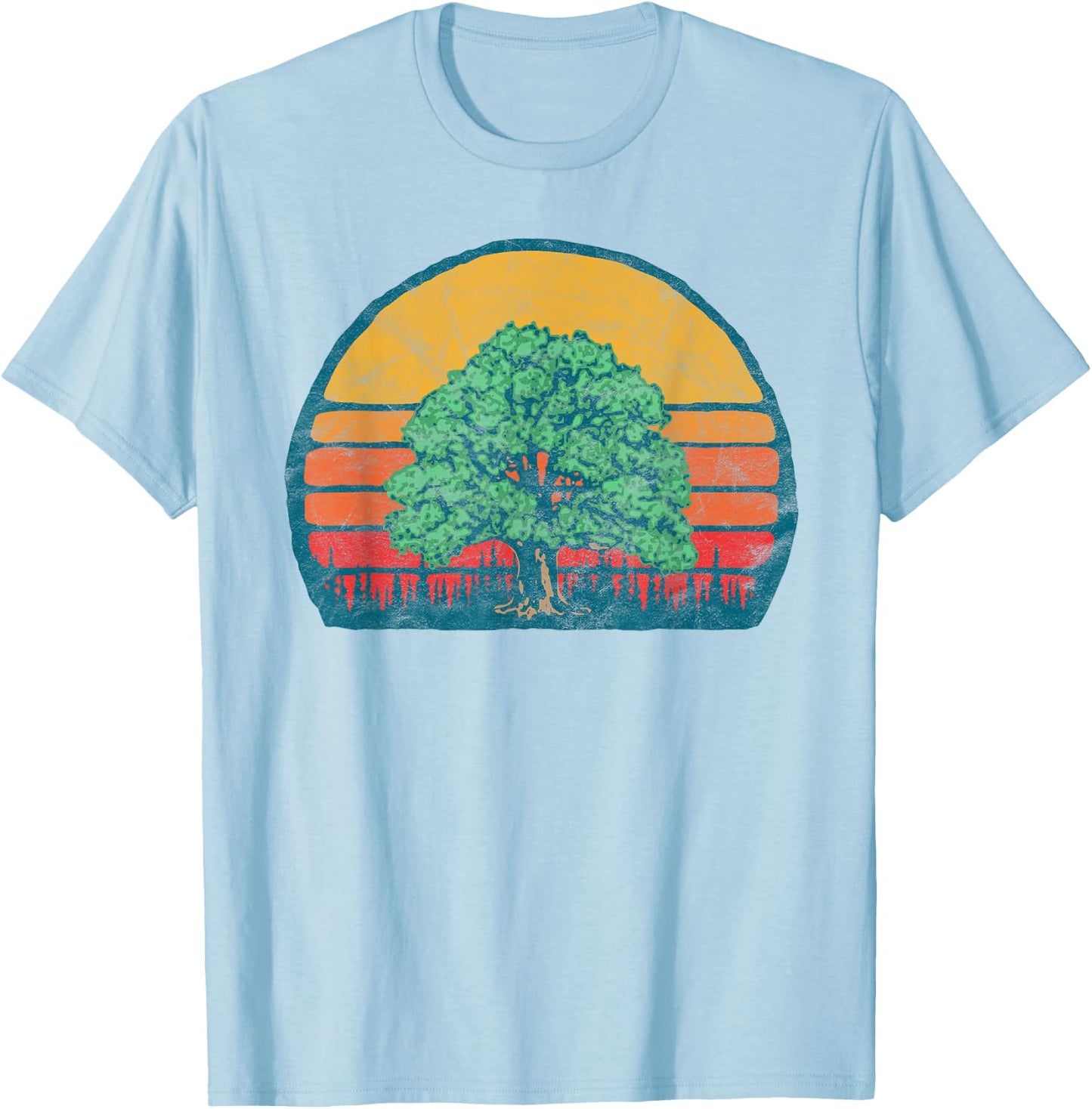 Retro Sun Minimalist Oak Tree Design - Graphic T-Shirt - T-Shirt | Light Blue