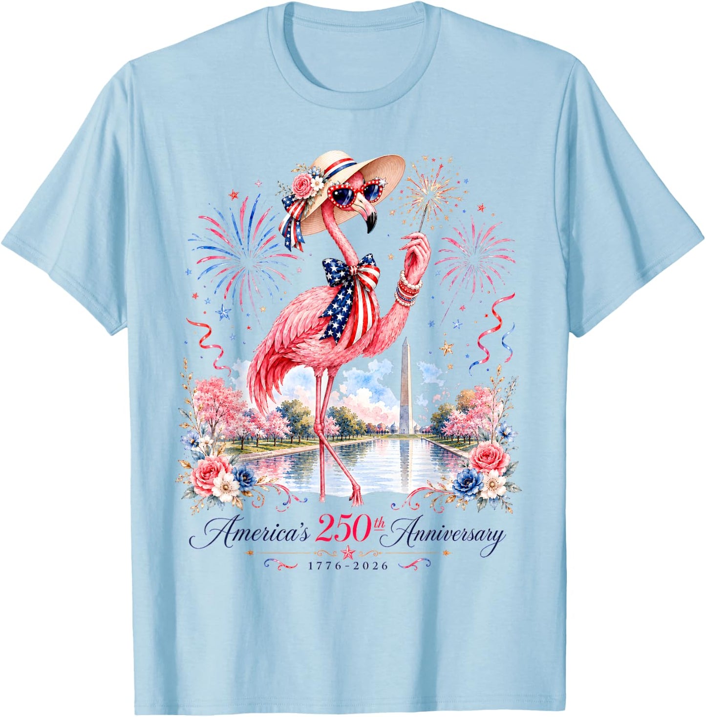 Patriotic Pink Flamingo Reflecting Pool 250 Years T-Shirt - T-Shirt | Light Blue