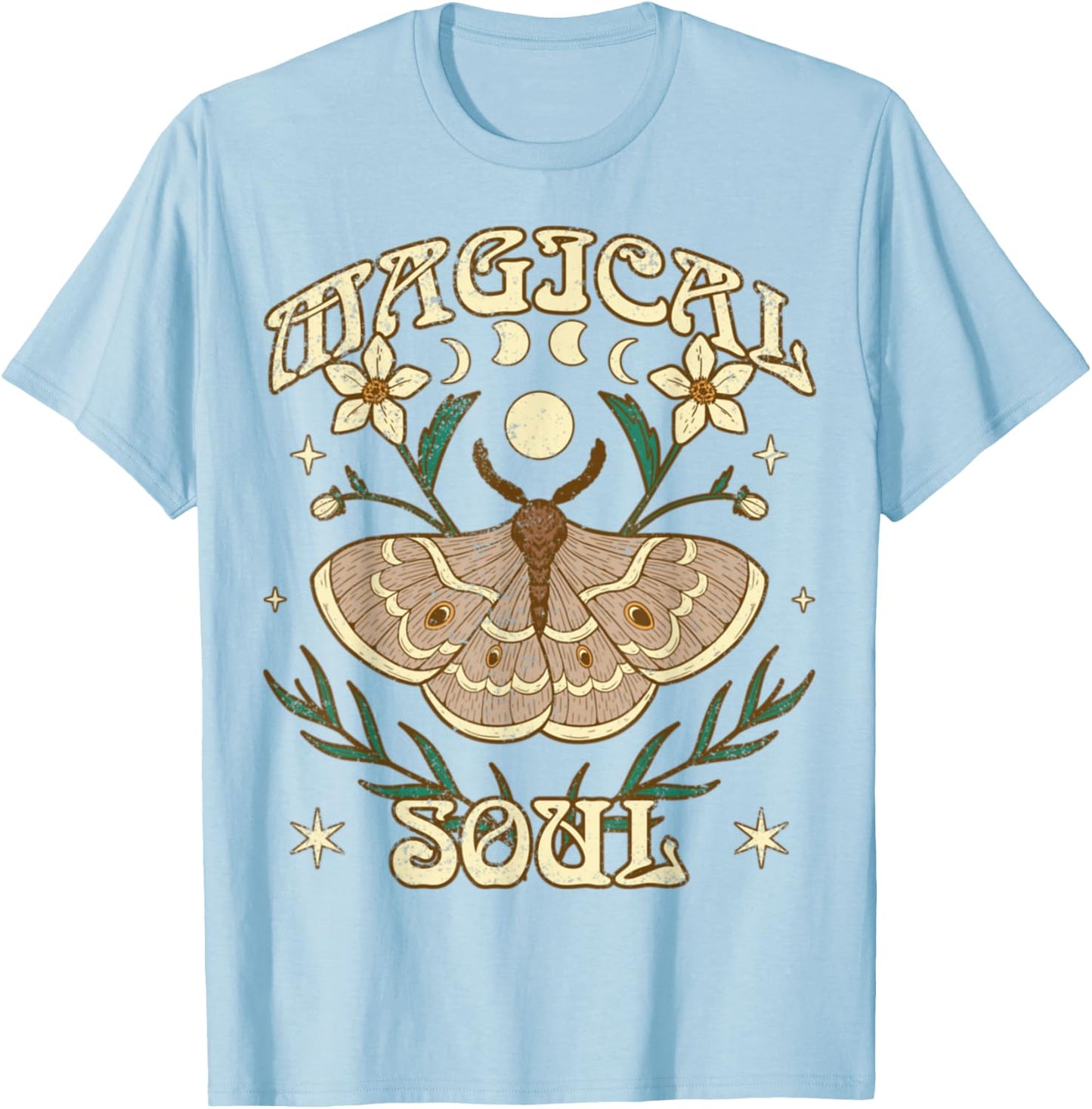 Bohemian Boho Lunar Moth Moon Phases Vintage - Magical Soul T-Shirt - T-Shirt | Light Blue
