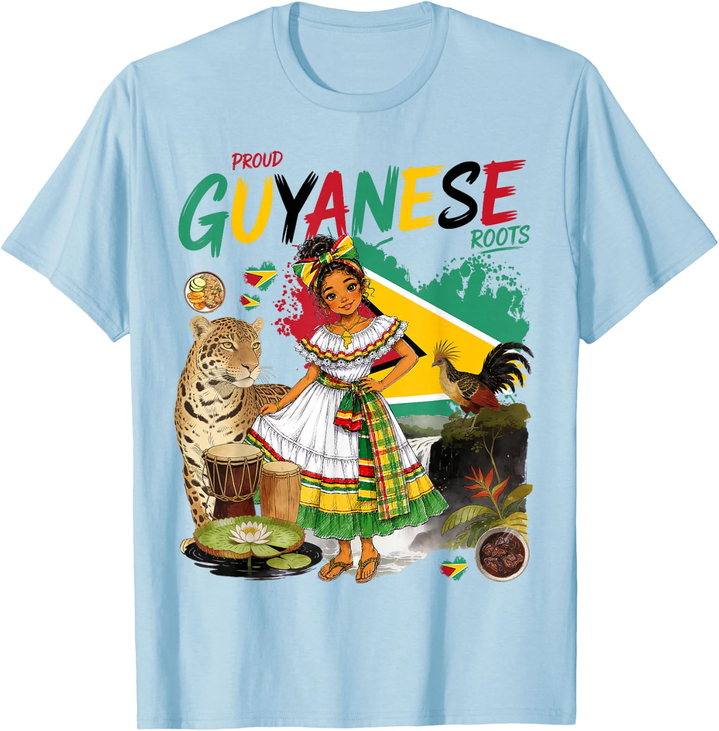 Guyanese Heritage Girls Outfit Idea & Guyana Flag Themed T-Shirt - T-Shirt | Light Blue