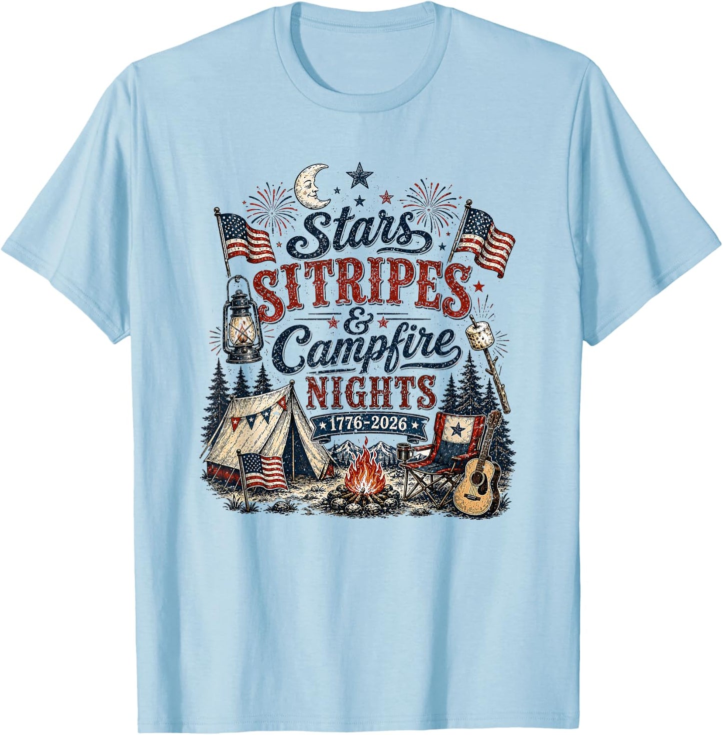 Stars Stripes and Campfires Funny Patriotic Camping Day T-Shirt - T-Shirt | Light Blue