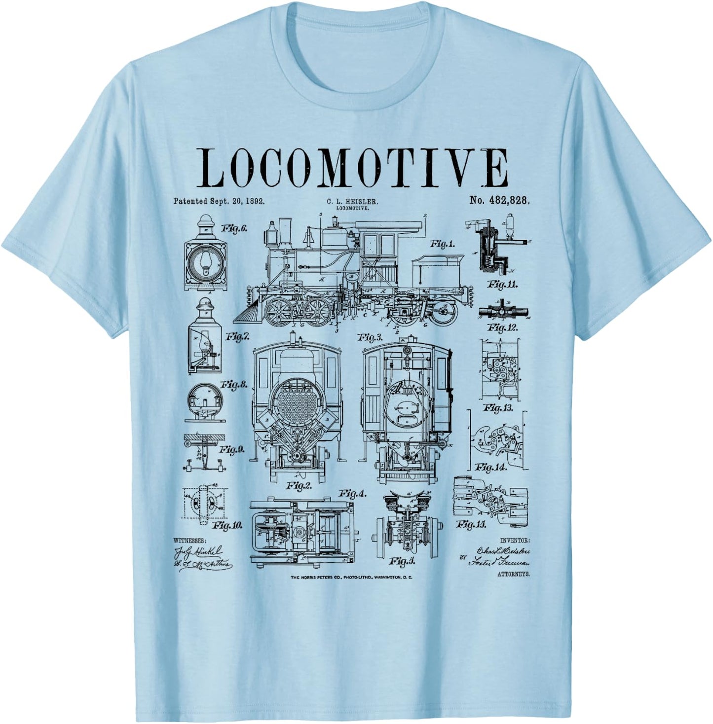 Railroad Railway Steam Locomotive Train Vintage Patent Print T-Shirt - T-Shirt | Light Blue