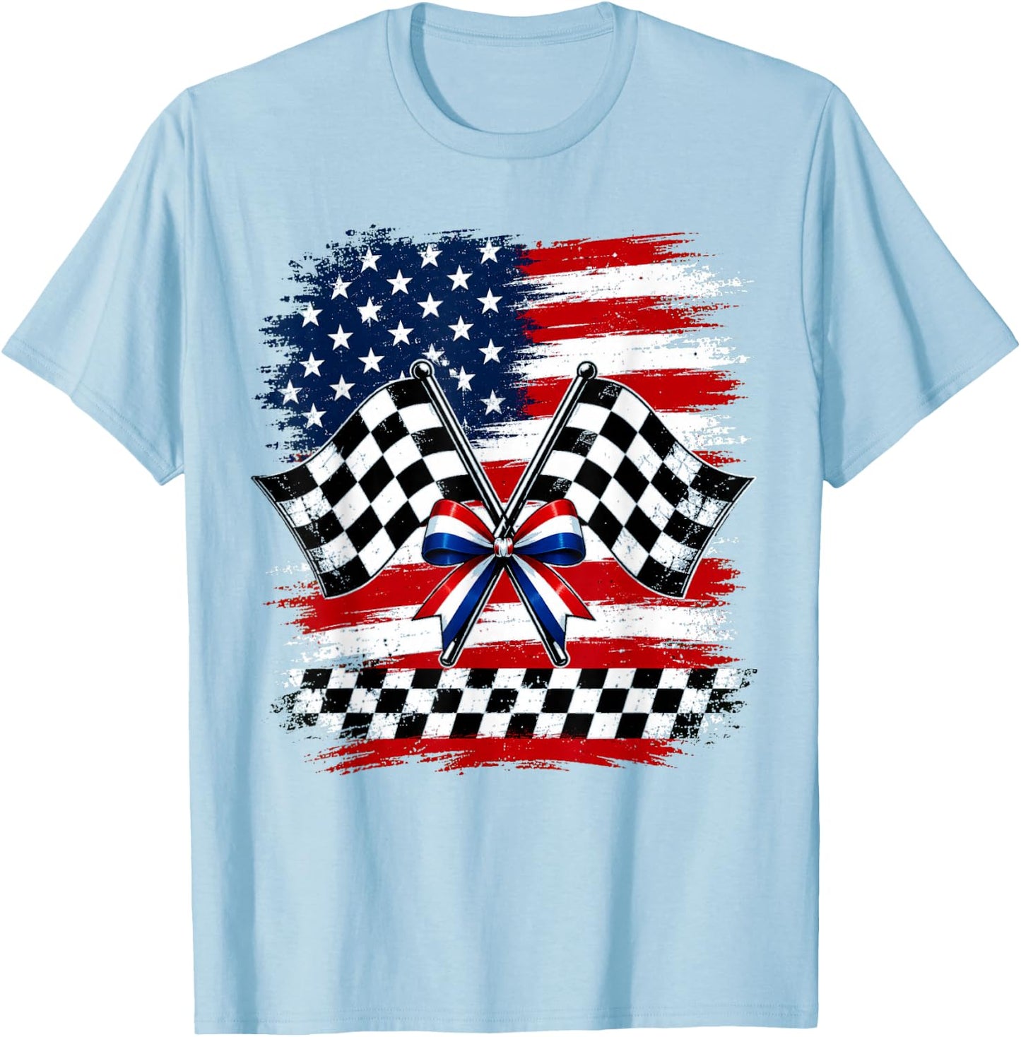 4th of July USA Patriotic Racing Flags Checkered Race Day T-Shirt - T-Shirt | Light Blue