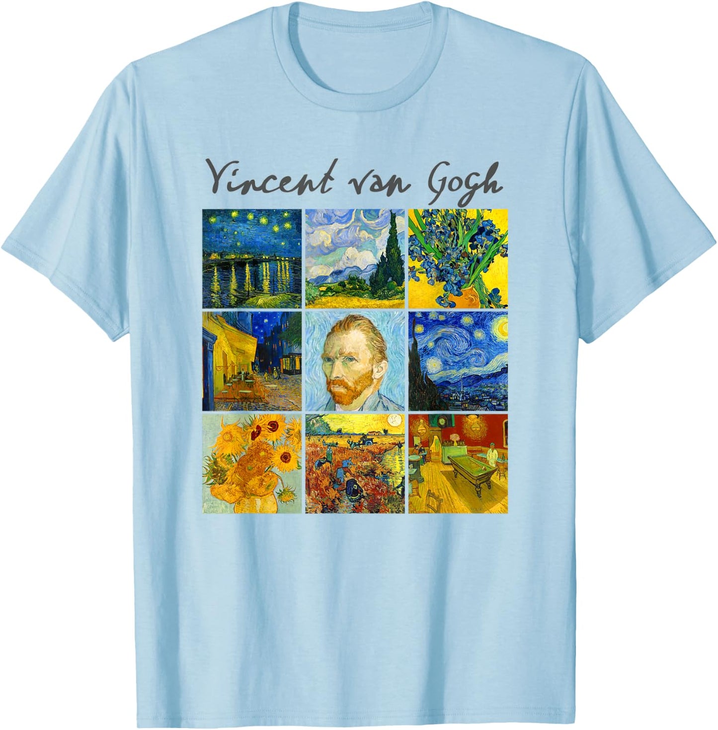 Famous Van Gogh Paintings Art Starry Night Flowers Portrait T-Shirt - T-Shirt | Light Blue