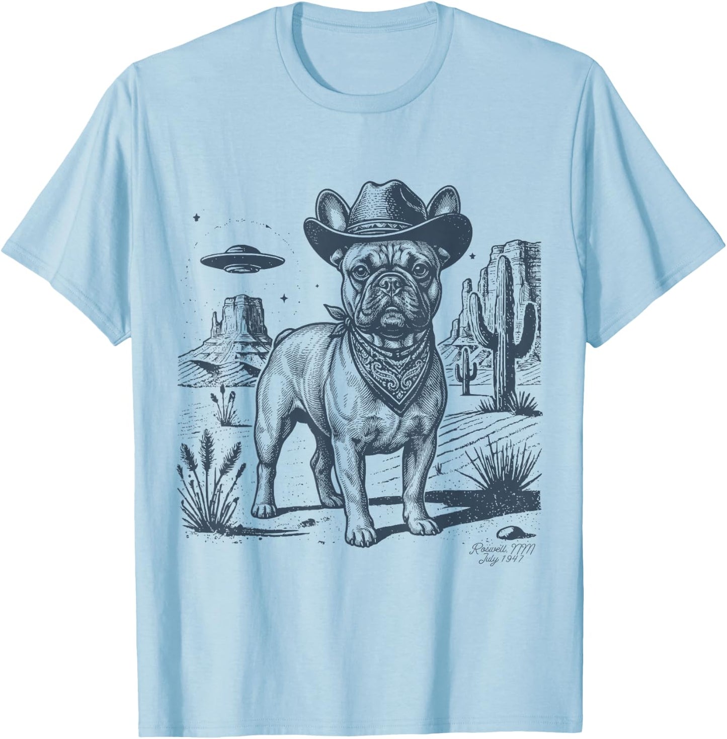 Vintage Alien UFO Western Cowboy French Bulldog Dog Desert T-Shirt - T-Shirt | Light Blue