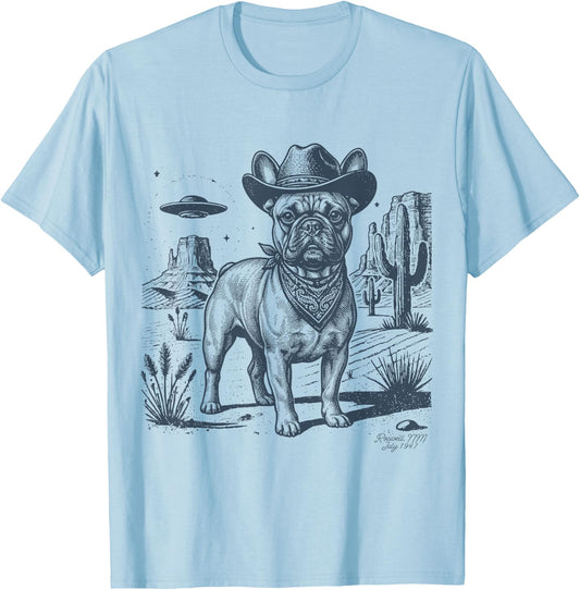 Vintage Alien UFO Western Cowboy French Bulldog Dog Desert T-Shirt - T-Shirt | Light Blue
