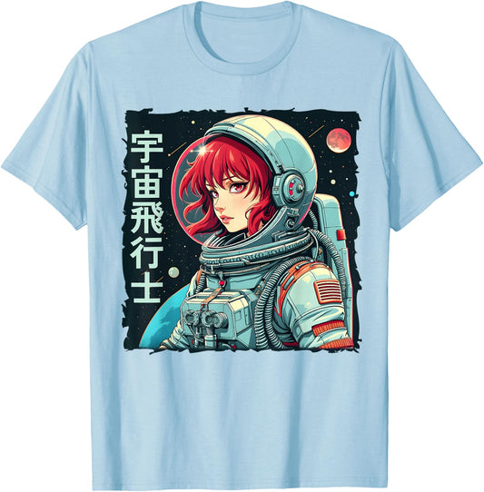 Astronaut Anime Girl Retro 90s Japanese Anime Graphic Women T-Shirt - T-Shirt | Light Blue