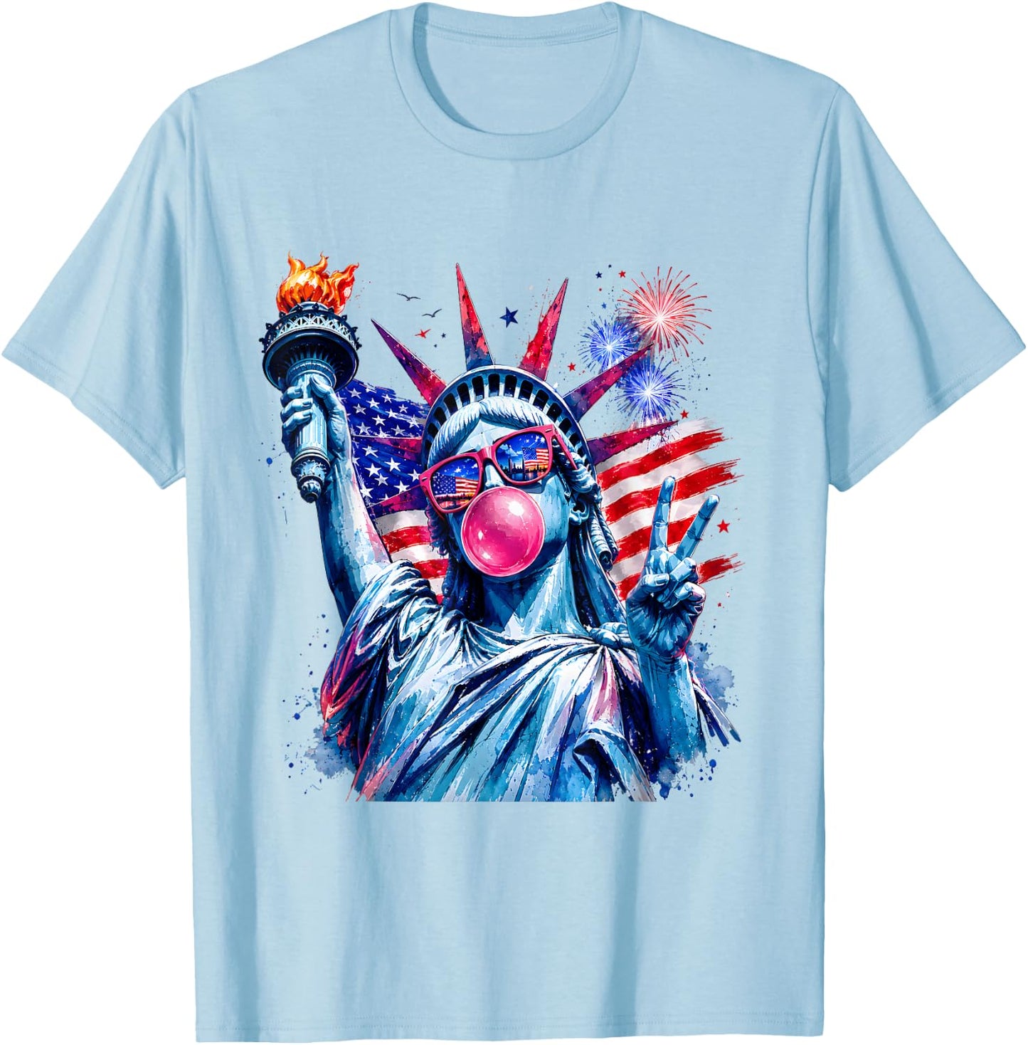 4th of July Statue of Liberty Blowing Bubble Gum USA Flag T-Shirt - T-Shirt | Light Blue