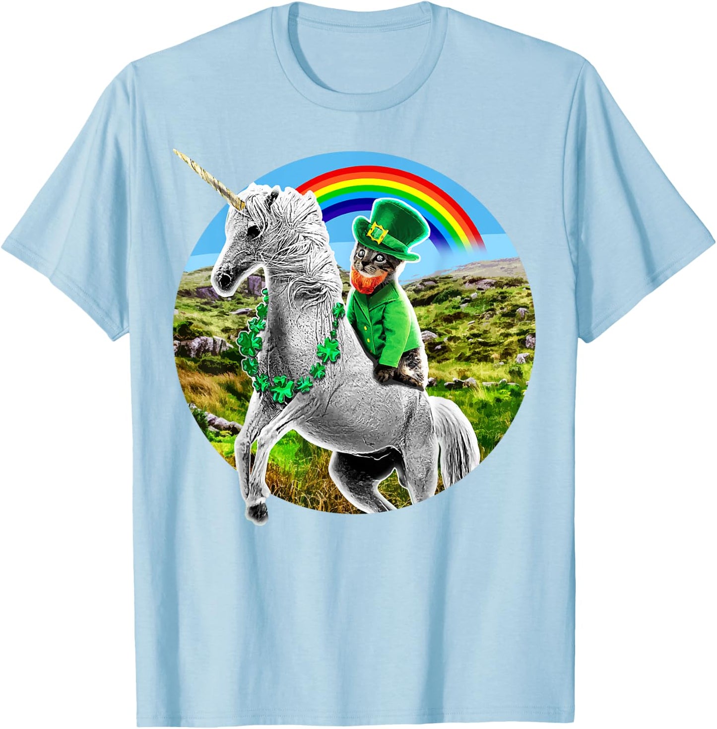St. Patricks Day Unicorn Rainbow Leprechaun Cat Shirt Gift T-Shirt - T-Shirt | Light Blue