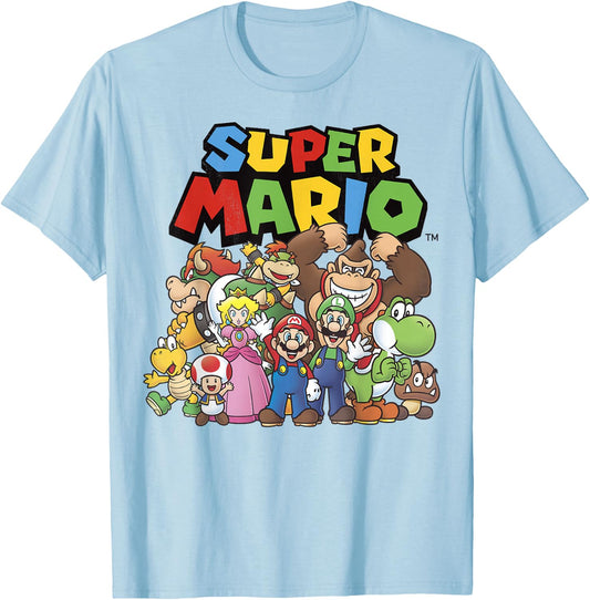 Super Mario Full Cast Group Shot Classic Graphic T-Shirt - T-Shirt | Light Blue