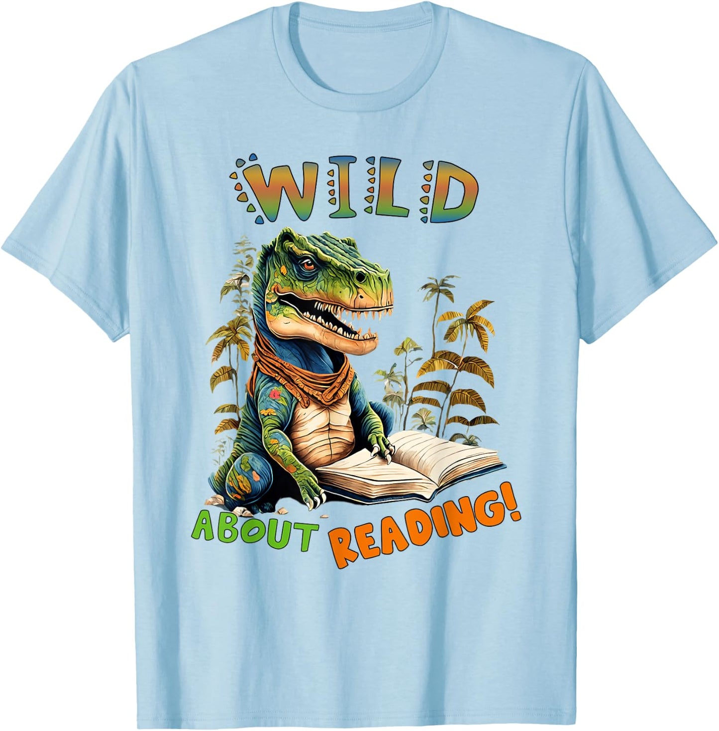 Librarian Teacher Kids Wild About Reading Dinosaur Reading T-Shirt - T-Shirt | Light Blue