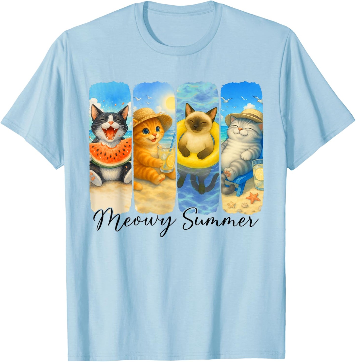 Summer Cat Meowy Summer Beach Vacation Cat Mom Dad T-Shirt - T-Shirt | Light Blue