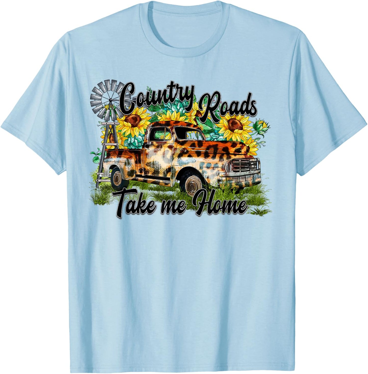 Country Roads Leopard Truck Sunflower Windmill Western T-Shirt - T-Shirt | Light Blue