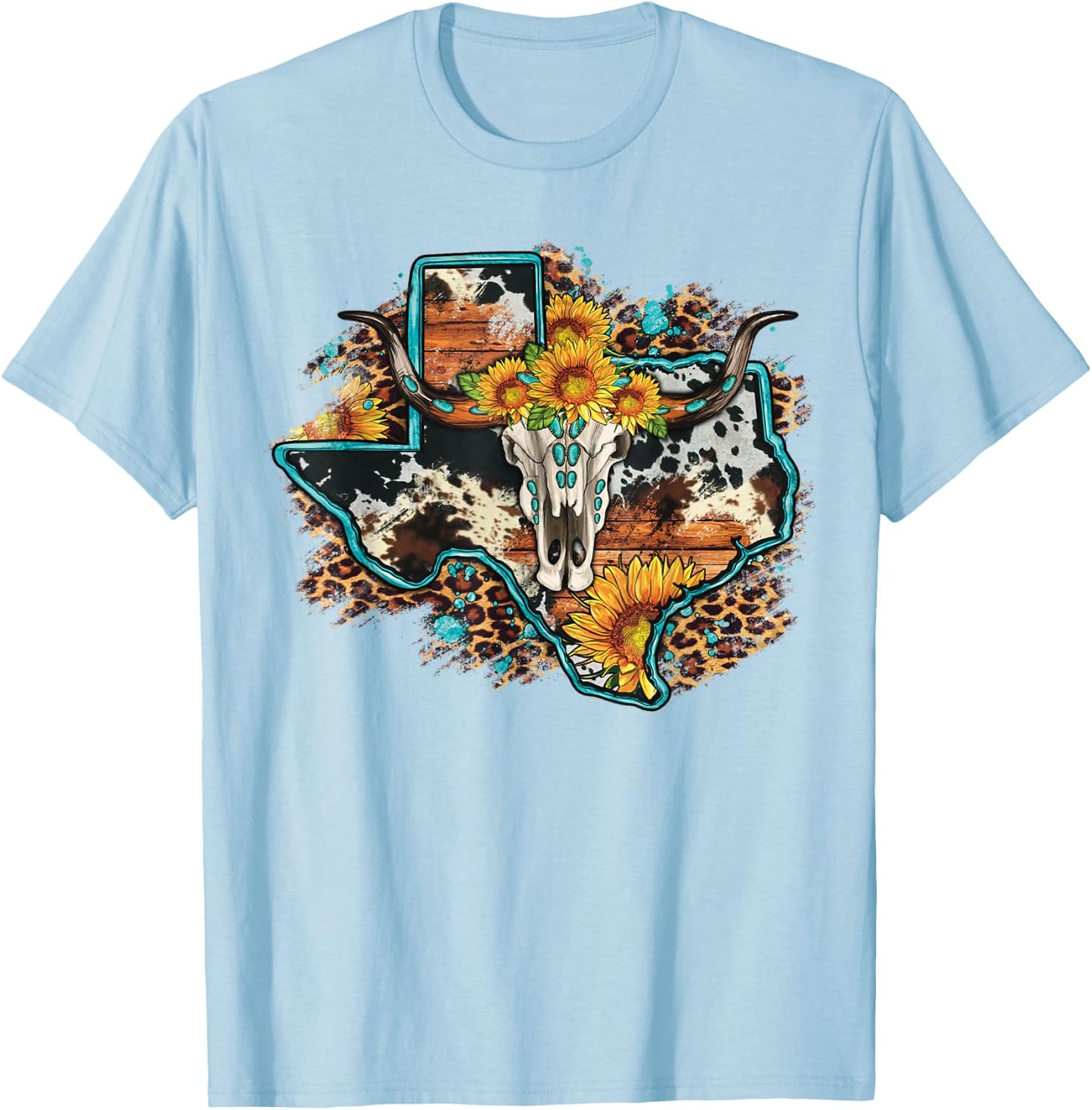 Bull Skull Leopard Cowhide Sunflower Texas Map Western T-Shirt - T-Shirt | Light Blue