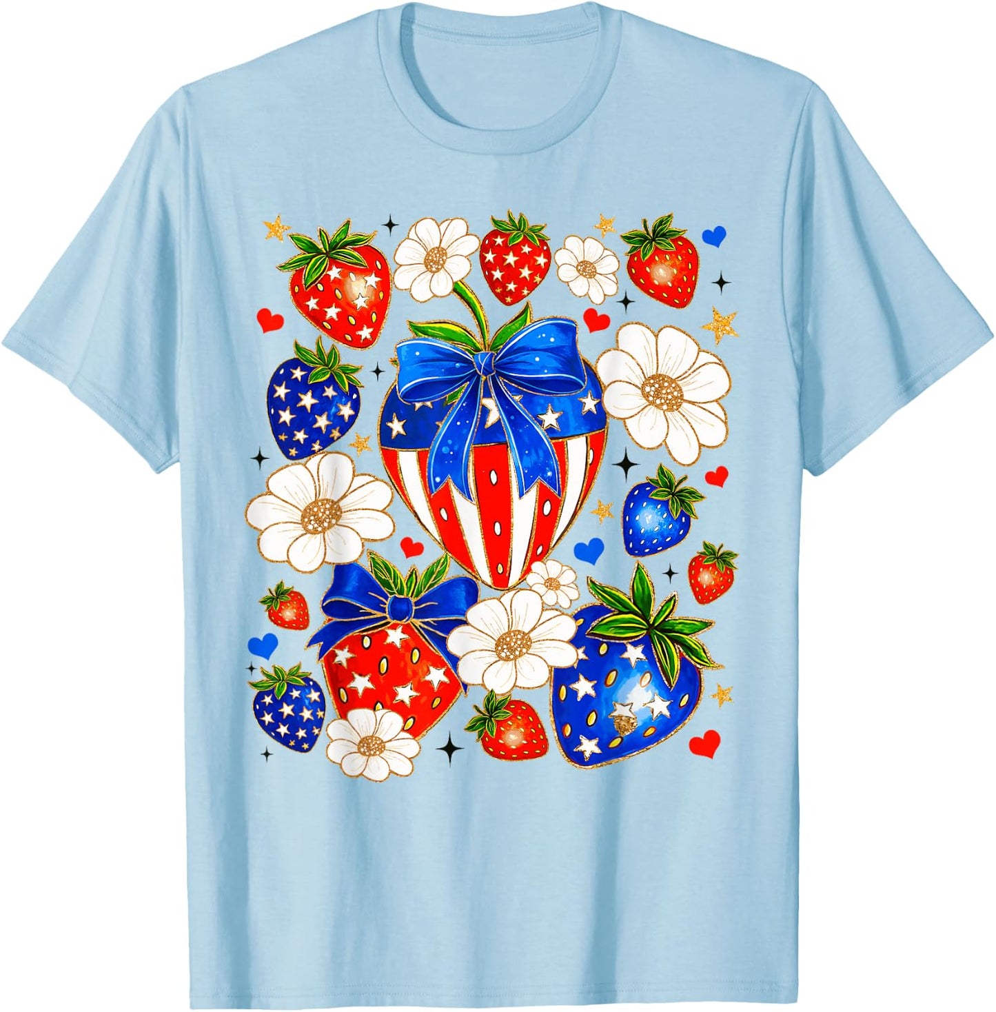 Cute Strawberries Bow USA Flag Independence Day 4th Of July T-Shirt - T-Shirt | Light Blue