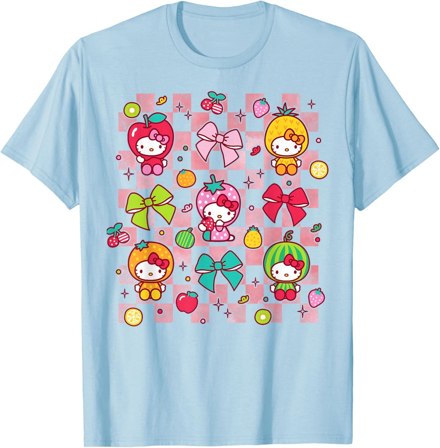 Hello Kitty Bows and Fruit Costumes Chekered Background T-Shirt - T-Shirt | Light Blue
