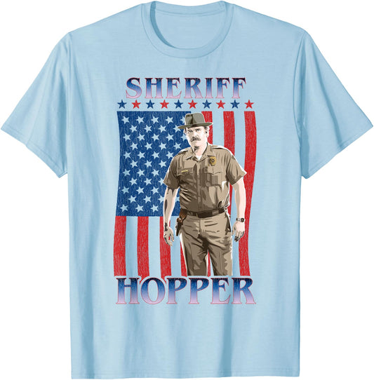 Stranger Things Sheriff Hopper American Flag Poster T-Shirt - T-Shirt | Light Blue