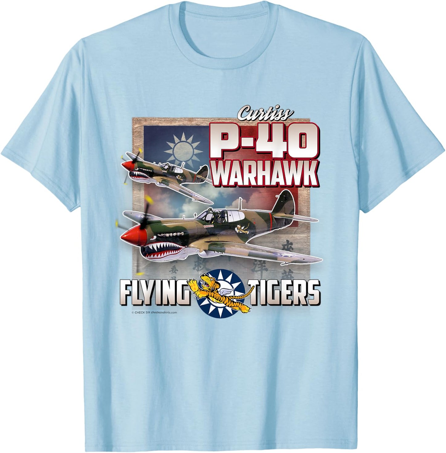 Check Six Military Aviation Store: P-40 Warhawk Flying Tigers - Men's Grey Classic Fit Short Sleeve T-Shirt - T-Shirt | Light Blue