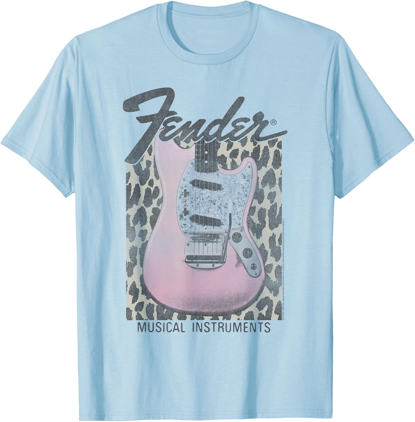 Fender Pink Grunge Leopard Guitar & Logo T-Shirt - T-Shirt | Light Blue