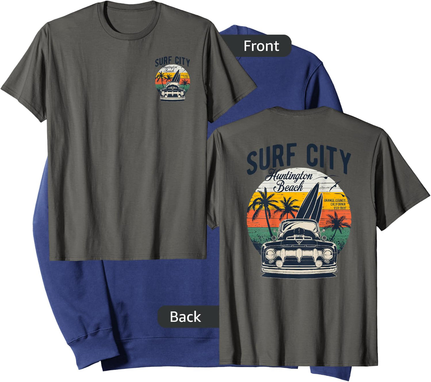 2-Sided Surf City Huntington Beach Retro Sunset '50s Truck Sweatshirt - Sweatshirt | Navy