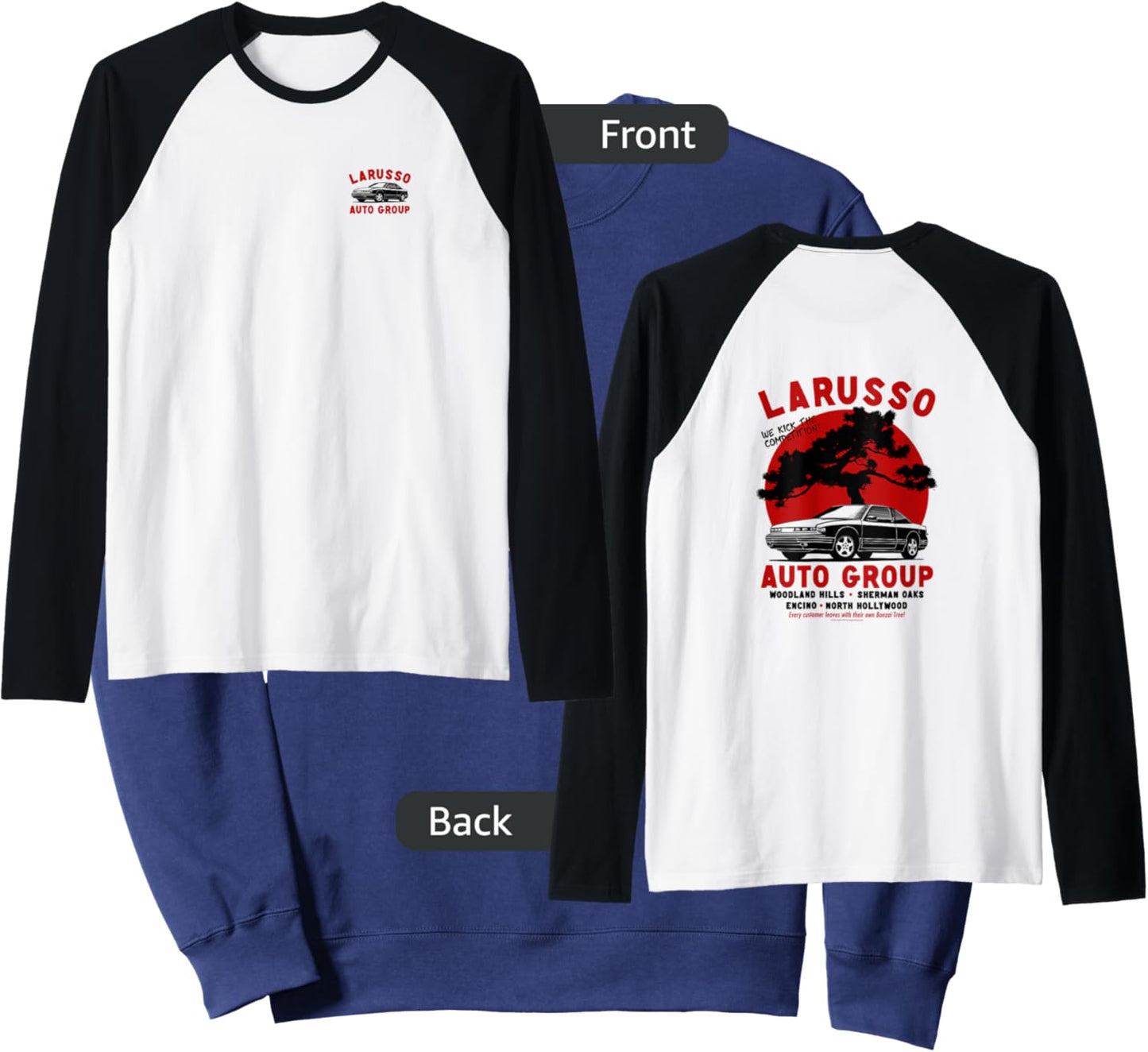 Cobra Kai Retro LaRusso Auto Group Ad Front and Back Raglan Baseball Sweatshirt - Sweatshirt | Navy