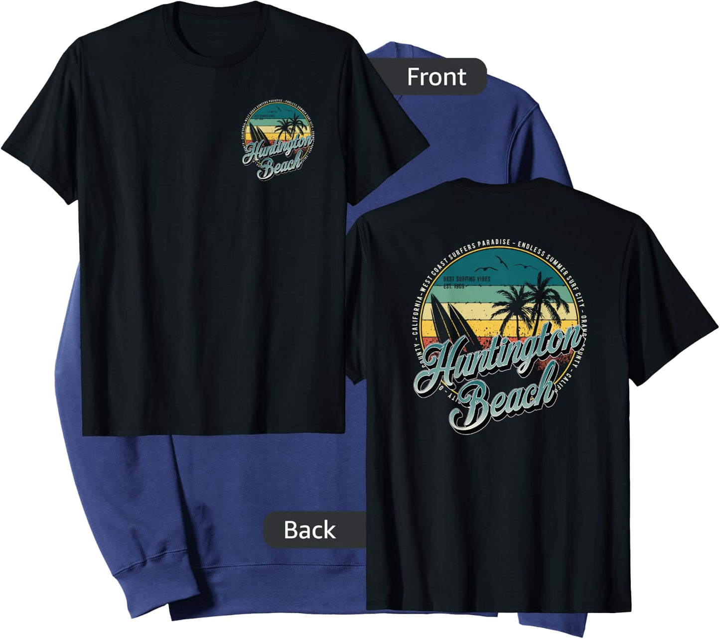 2 Sided Huntington Beach Surf City California Vintage Badge Sweatshirt - Sweatshirt | Navy