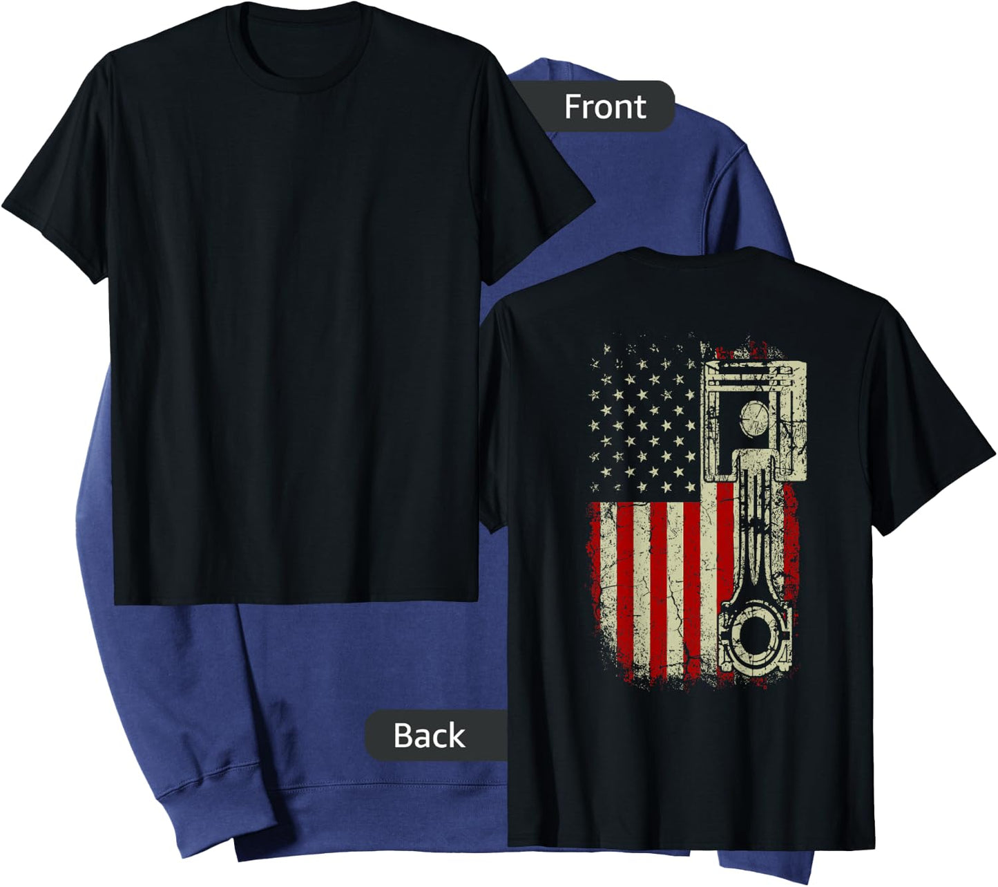 American Flag Piston Muscle Car Patriotic Vintage on Back Sweatshirt - Sweatshirt | Navy