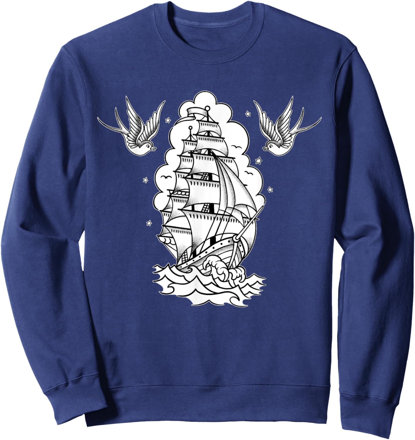 Old School Sailor Tattoo Clipper Ship and Swallows Sweatshirt - Sweatshirt | Navy
