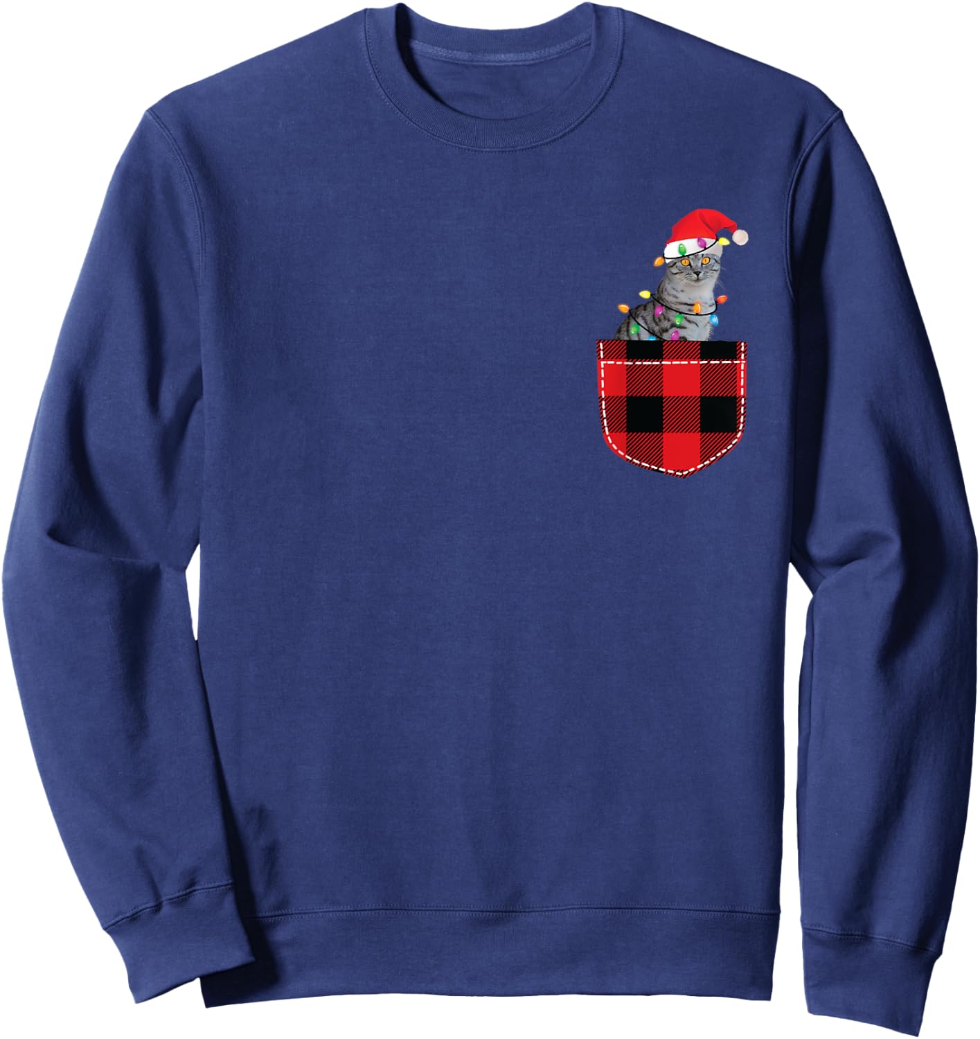 Cat in Pocket Shirt Women Men Funny Cat Christmas Plaid Sweatshirt - Sweatshirt | Navy