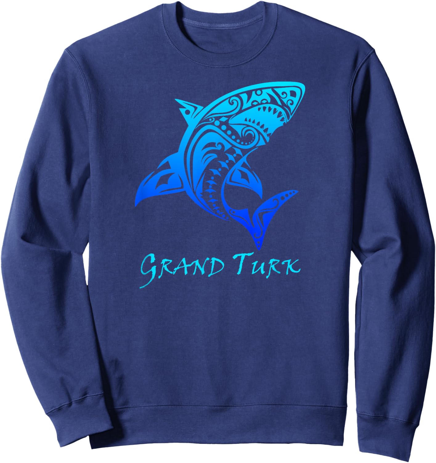 Grand Turk, Turks & Caicos Vintage Tribal Shark Vacation Sweatshirt - Sweatshirt | Navy