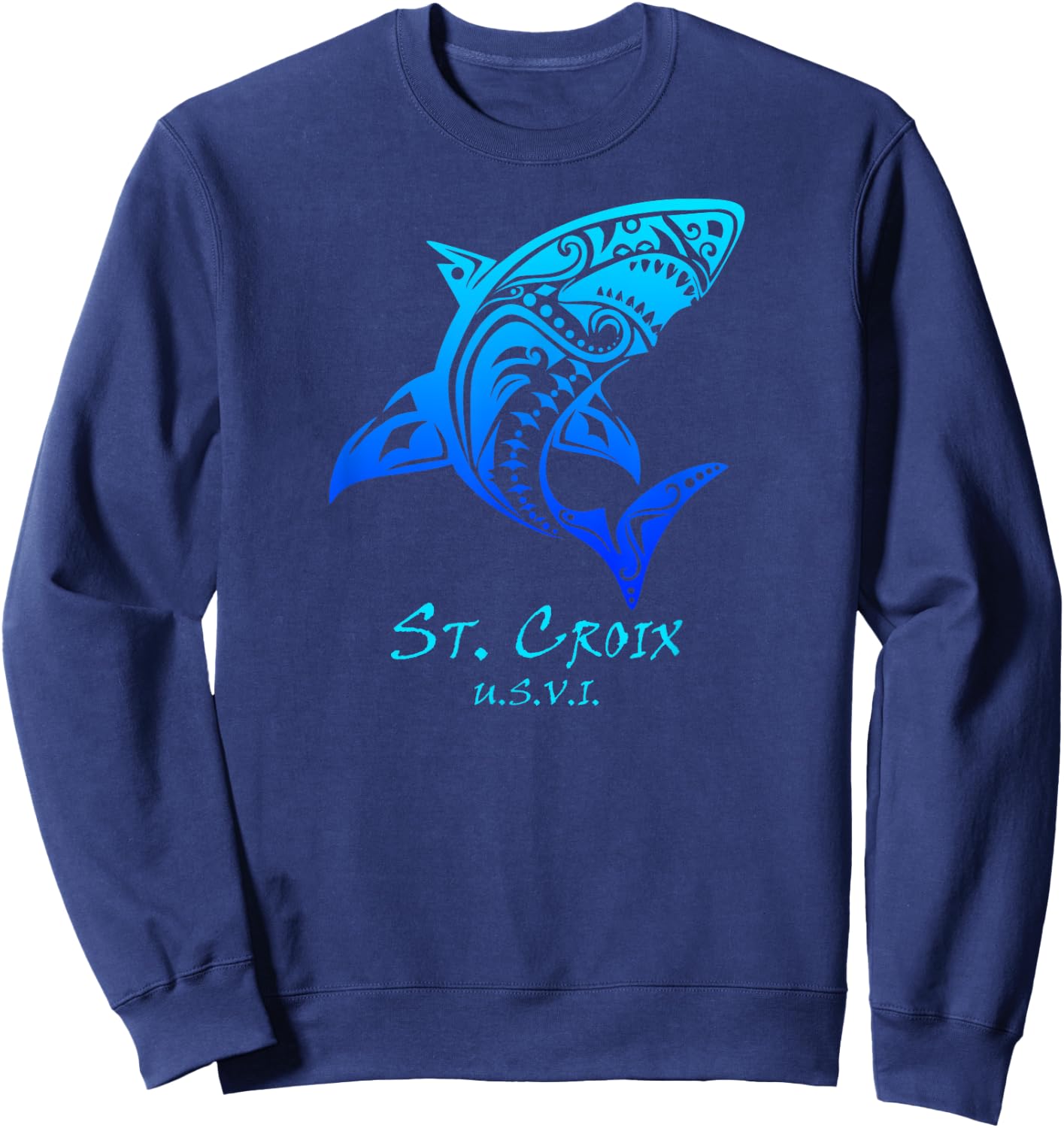 St. Croix, USVI Vintage Retro Tribal Shark Vacation Sweatshirt - Sweatshirt | Navy