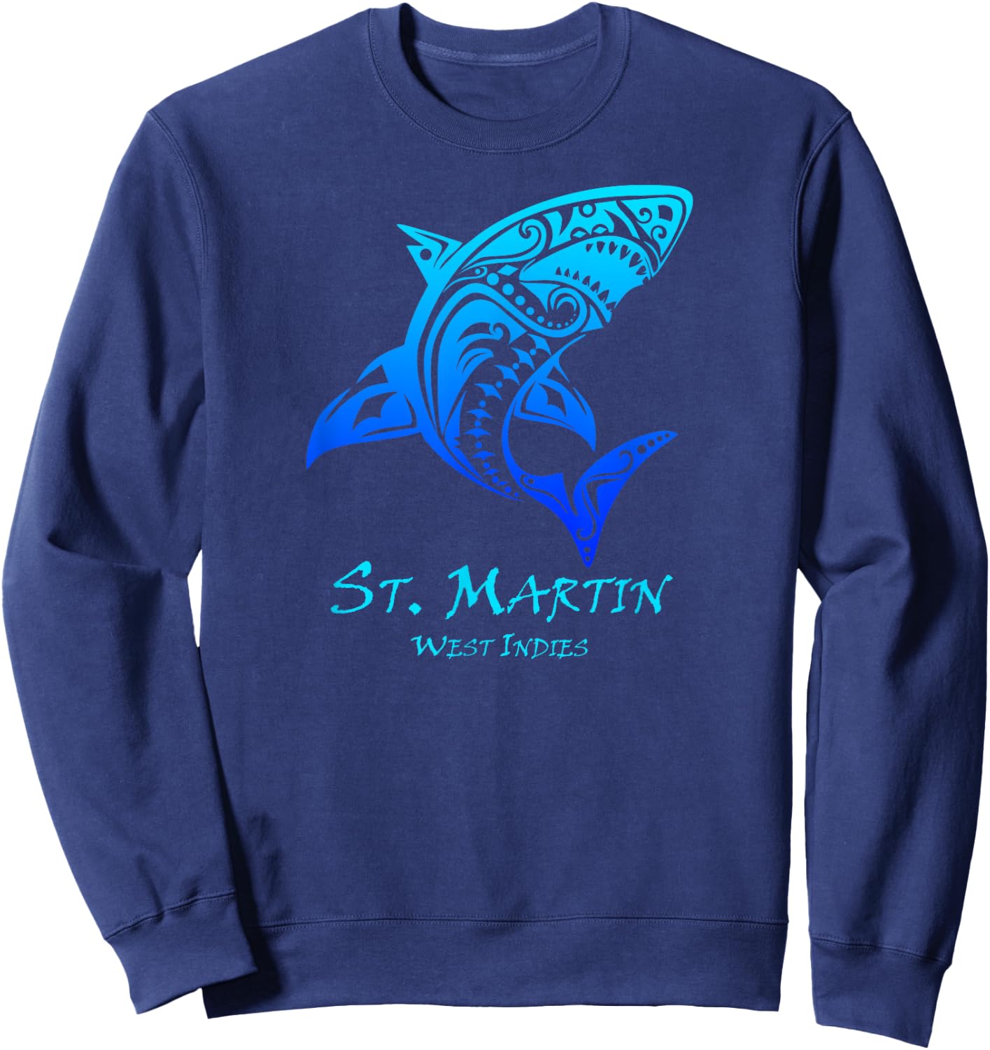 St. Martin, West Indies Vintage Retro Tribal Shark Vacation Sweatshirt - Sweatshirt | Navy