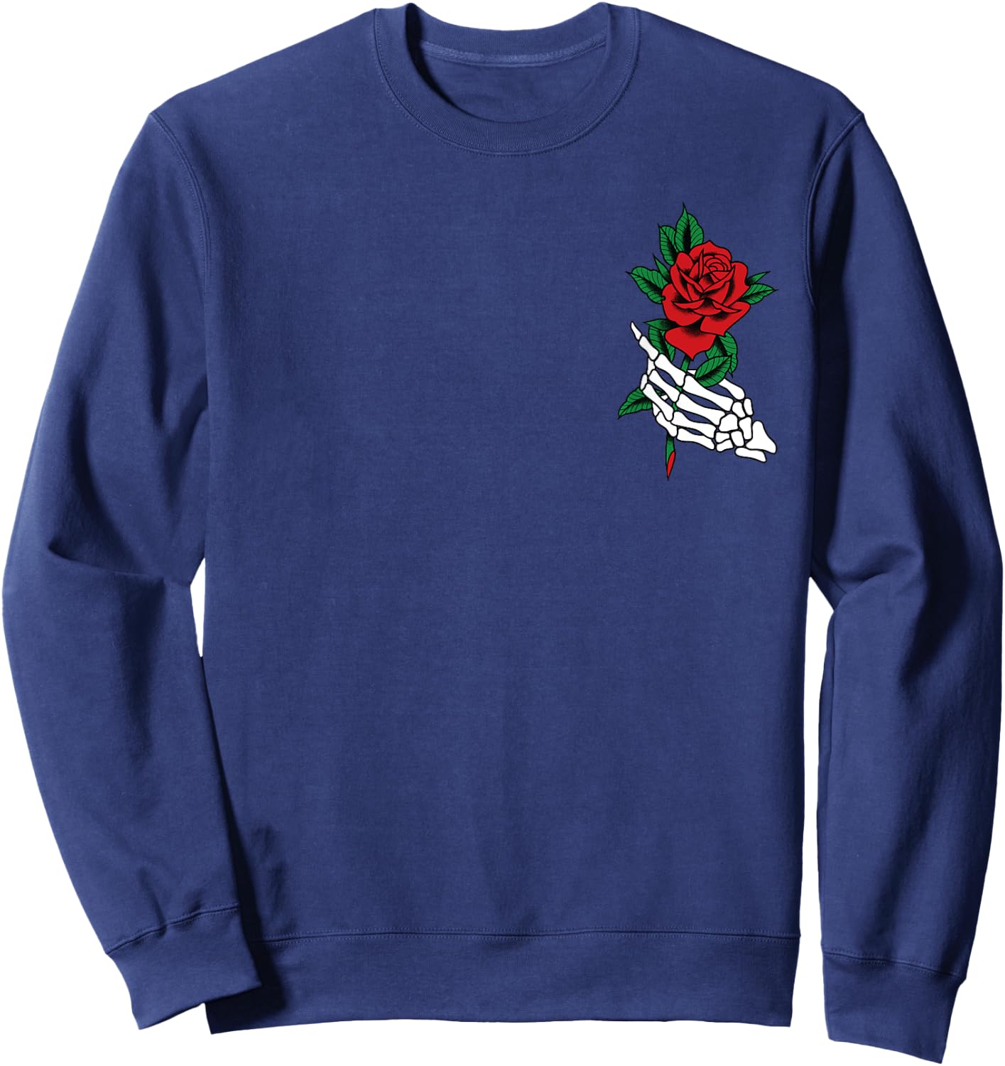 White Skeleton Hand Holding a Red Rose Tattoo Graphic Sweatshirt - Sweatshirt | Navy